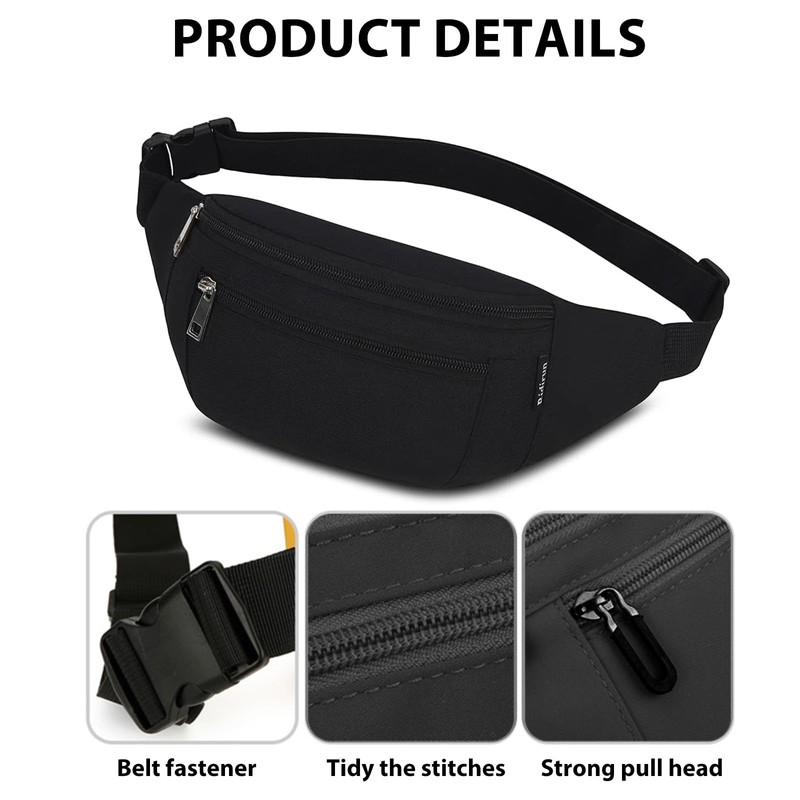 Leogony Fanny Pack for Women Men, Adjustable Black Bum Bag