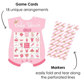 Big Dot of Happiness Little Princess Crown - Picture Bingo Cards and Markers - Pink and Gold Princess Baby Shower Shaped Bingo Game - Set of 18