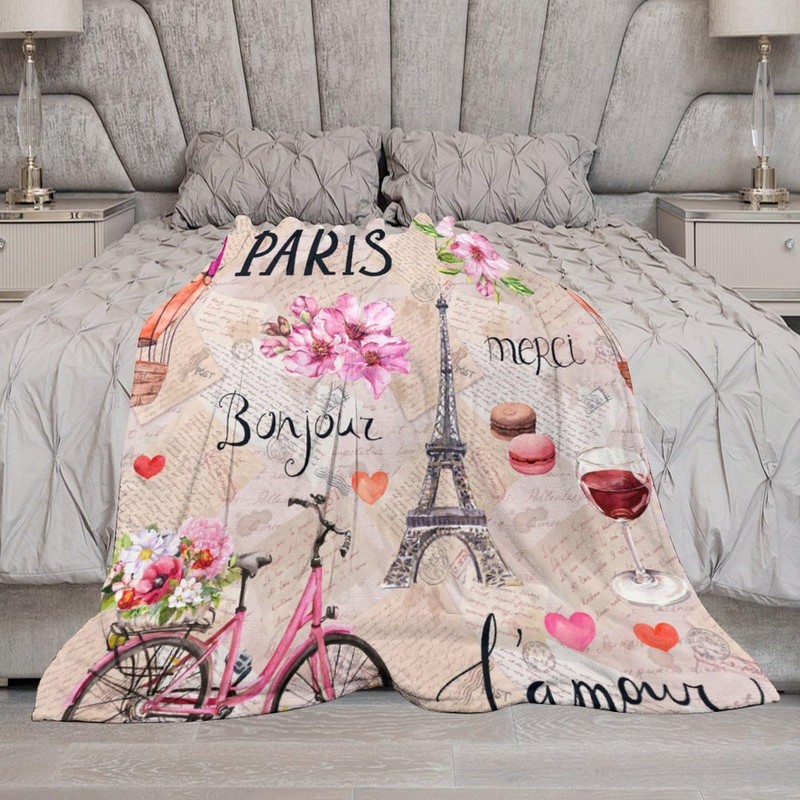 Paris Eiffel Tower Throw Blanket Pink Flowers Towers Bicycle Pattern