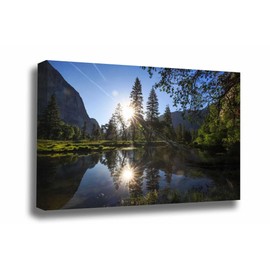 Nature Canvas Wall Art (Ready to Hang) Gallery Wrap of Sun Reflection in Merced River on Peaceful Morning in Yosemite National Park California Photography Sierra Nevada Decor (1.5, 30" x 45")