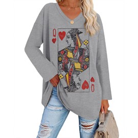 Fazortev Womens Oversized Long Sleeve Queen Of Hearts Graphic T Shirts V Neck Casual Loose Fit Tees Tunic Tops Light Grey