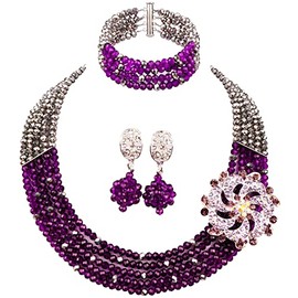 aczuv 5 Rows Women's Fashion African Beads Nigerian Necklace Bridal Wedding Jewelry Sets (Silver Purple)