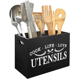 AMRTA Wooden Utensil Holder Bamboo Organiser Kitchen Utensils Cutlery Holder with 2/3 Compartments, Wood Cutlery Caddy Holders, Cooking Tools Set Storage Pots (Dark with 2 Compartments)