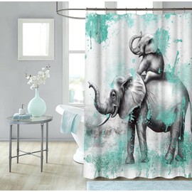 FuShvre Elephant Shower Curtains for Bathroom Wild Animal Bathtub Curtain Fabric Bathroom Decor Set Hooks Included 72"x 72" Teal and Gray