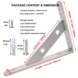 WSZD 8" Heavy Duty Shelf Brackets(200x135mm), 4 Pieces of Stainless Steel Solid L Brackets, Floating Shelves Triangle Shelf Brackets, Wall Mounted Shelf Supporter Corner Bracket