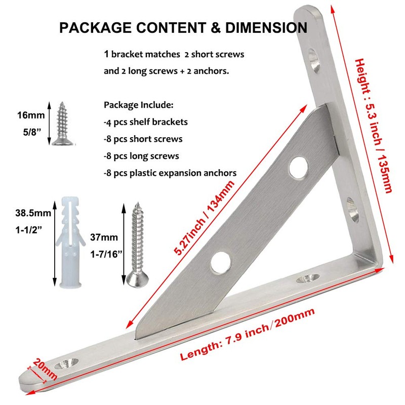 WSZD 8" Heavy Duty Shelf Brackets(200x135mm), 4 Pieces of Stainless
