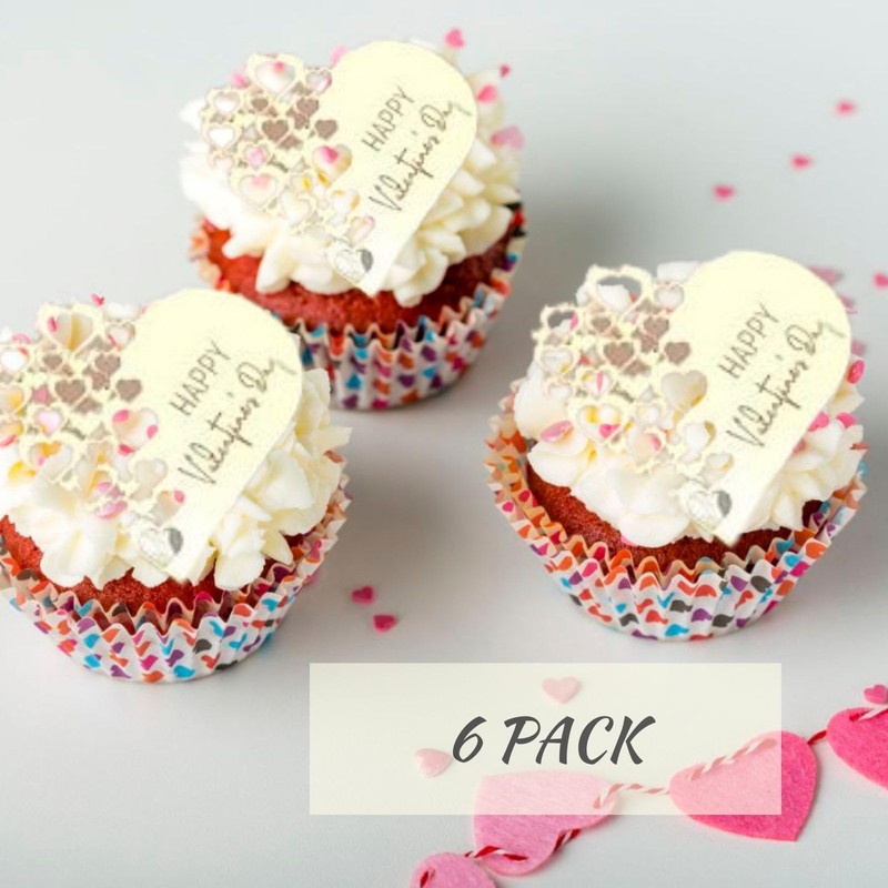 6x Valentine's Day Acrylic Cupcake Toppers Heart shaped Tags Valentines