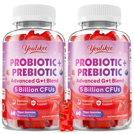 Youlikee 2 Pack Prebiotic + Probiotic Gummies, 5 Billion CFUs with Fibers