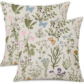 Coeufuedy Spring Decorative Pillow Covers 18 x 18 Inch Set of 2 Sage Green Wild Flower Plant Butterfly Square Linen Farmhouse Decor Cushion Covers for Sofa Couch Living Room