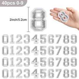 Morcheiong 40 Pcs Iron on Number Patches 0-9, 2 Inch Iron on Embroidered Numbers for Clothing, Pants, Hats, Bags- Silver