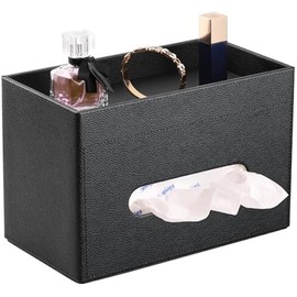 Rectangular Tissue Box Cover with Storage Tray, Leather Facial Tissue Box Holder for Bathroom, Office Table, Countertop, Night Stand & More (Black)