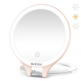 WEILY Magnifying Mirror with Light, 10X/1X Magnification Double-Sided Travel Makeup Mirror, with 3 Color Lights, Touch Control, Rechargeable Portable Mirrors for Bedroom, Bathroom (Pink)