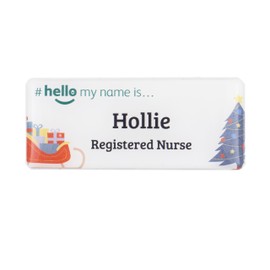 Badgemaster Hello My Name is Christmas Sleigh and Tree Premium Domed Name Badge GP Practitioner Doctor Healthcare Nurse Medical Staff Clinical Student Assistant White/White 76 x 32mm