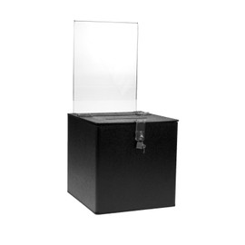 Source One Deluxe Acrylic Donation Box with Sign Holder & Hasp Lock, Multiple Sizes, Black, White & Clear Options (6 Inch, Black)