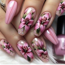 Flower Press on Nails Spring Pink Lily Fake Nails Full Cover Long Coffin Shaped False Nails with Design Glossy Pink Lily Floral Glue on Nails Summer Stick on Nails for Women Manicure Decoration