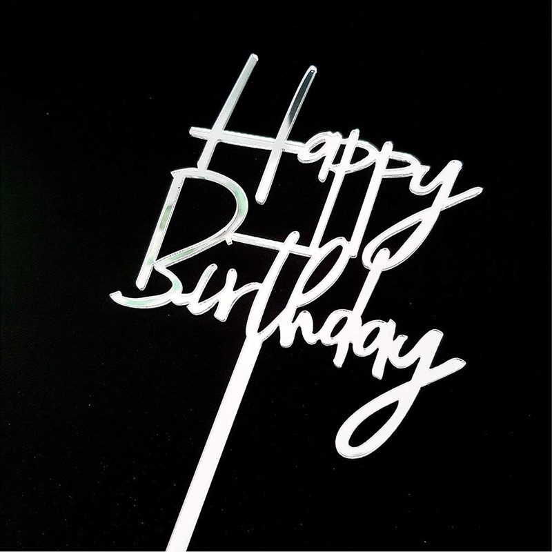 Decoración acrílica para tartas de feliz cumpleaños (espejo plateado)