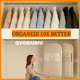 2025 Space Saving Hanging Garment Bag with Self Compression Zipper, Otherwise Space Saving Garment Bag for Down Coat, Hanging Storage Bags for Clothes (Beige,M)