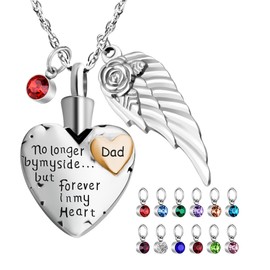 Loving Memories Silver Stainless Steel Three Charm DAD Script Angel Wing and gem stone pendant Keepsake Urn