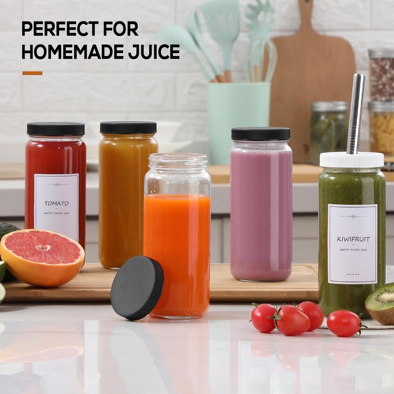 12 PACK, 16 OZ Glass Juice Bottles with Airtight Lids,