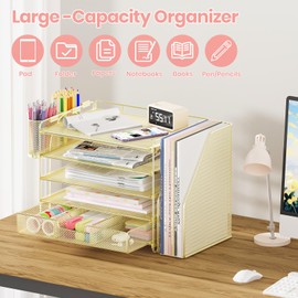 OPNICE Desk Organizers and Accessories, 5-Tier Paper File Organizer with Drawer & Pen Holder, Office Desk Accessories Workspace Desktop Organizer for Office Supplies(Gold)