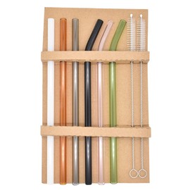 Hoshen Reusable Stained Glass Straws, 8" x 8mm Long Glass Straws Set for Smoothies, Shakes, Tea, Juice, Includes 3 Straight and 3 Curved Tubes with 2 Cleaning Brushes (Mix Colors)