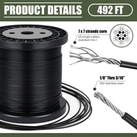 Therwen 492 Feet 304 Stainless Steel Vinyl Coated Wire Rope Black 1/16 Inch Overmolded to 3/32 Inch, with Cutter 7x7 Strands for Globe String Lights Hanging Clotheslines Outdoor Light Guide Wire