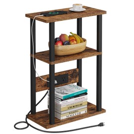 VIMBER Narrow Side Table with Charging Station, 7.87" Skinny End Table for Small Spaces, Sofa Beside Table with Storage Shelf, Slim Nightstand with USB Ports Outlet, Couch Table Rustic Brown UTBT003F