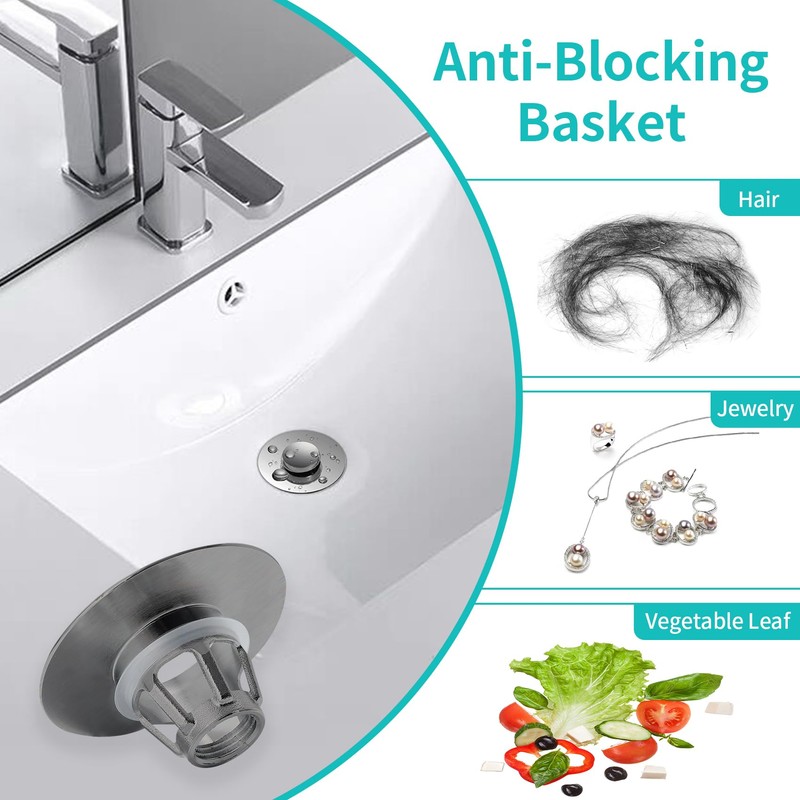 Universal Bathroom Sink Stopper with Hair Catcher, for 1.04-1.97 Inch