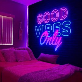 Manicer Good Vibes Only Blacklight Tapestry – UV Reactive Neon Glow in the Dark Wall Hanging, Retro LED Sign Aesthetic Wall Art Tapestries for Bedroom, Dorm, Living Room, Party Backdrop – 70.9" x 90.6"