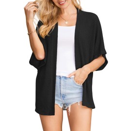 STYLEWORD 2024 Women's Summer Cardigan Lightweight Short Sleeve Beach Cover Up Kimonos Open Front Casual Sweater(Black,Medium)