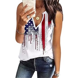 AIMITAG American Flag Waffle Tank Tops Womens 4th of July Sleeveless USA Flag Shirts Patriotic Stars Stripes Print Shirt Vest(Large,White)