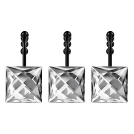 Sunlit Luxury Design Square Clear Diamond Crystal Gem Bling with Glide Balls Shower Curtain Hooks, Rust Proof Metal Rhinestones Glam Shower Curtain Rings with Black Hooks, Set of 12