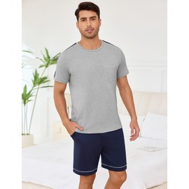Crewhpo Men's Short Cotton Two-Piece Pyjamas Short Sleeve with Crew Neck Pyjamas Men in Contrast Colour Sleepwear Loungewear Summer, Grey + blue, 3XL