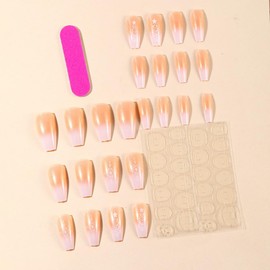 Christmas Press on Nails Medium Long Square Christmas Fake Nails with White Snowflake Design Gradient Pink Acrylic Nails Glossy Winter Xmas Christmas Tree Nails Full Cover False Nails for Women 24Pcs