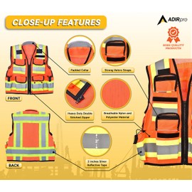 AdirPro Surveyor Safety Vest with Pockets - High visibility Reflective Construction Vest for Men - Class 2 Heavy Duty Vest ANSI Complaint for Contractors and Surveyors (Orange, Medium)