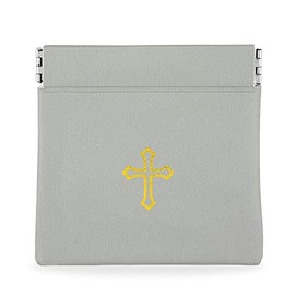 Squeeze Top Rosary Pouch Gray Vinyl with Gold Cross Imprint