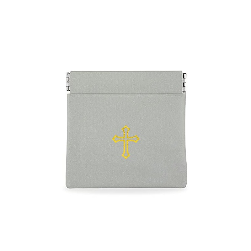 Squeeze Top Rosary Pouch Gray Vinyl with Gold Cross Imprint