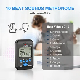 LEKATO Digital Metronome, Rechargeable LCD Electronic Mini Metronome, Human Voice, Clip on,10 Beat Sounds, Volume Adjustable, Portable M65 Metronome for Piano, Guitar, Flute, Violin, Drum (black)