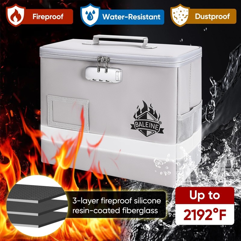 BALEINE Fireproof Document Box with Lock, Portable Fireproof Document Bag