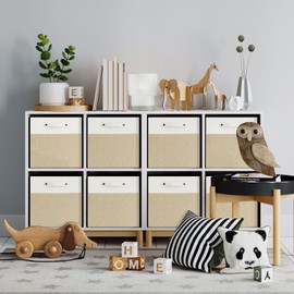 VQRTEXA 13 x 13 Inch Fabric Storage Cube Bins, 4 Pack Fine Linen Storage Boxes with Handles, Collapsible Basket Organizers for Shelves (White/Khiki)