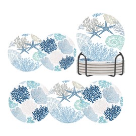 ubcindy Nautical Coastal Coasters for Drinks Set of 6,Round Absorbent Ceramic Stone Coaster with Metal Holder Stand,Beach Ocean Themed Blue Coasters with Cork Base for Coffee Table,Party,Kitchen,Gifts
