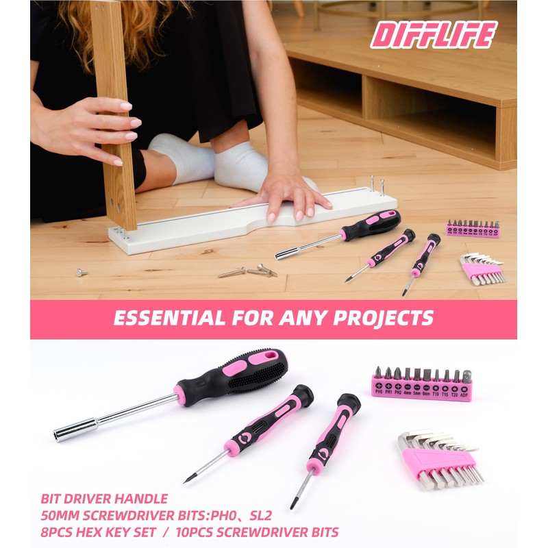 DIFFLIFE 157 Piece Pink Tool Set, Lady's Home Repairing Tool
