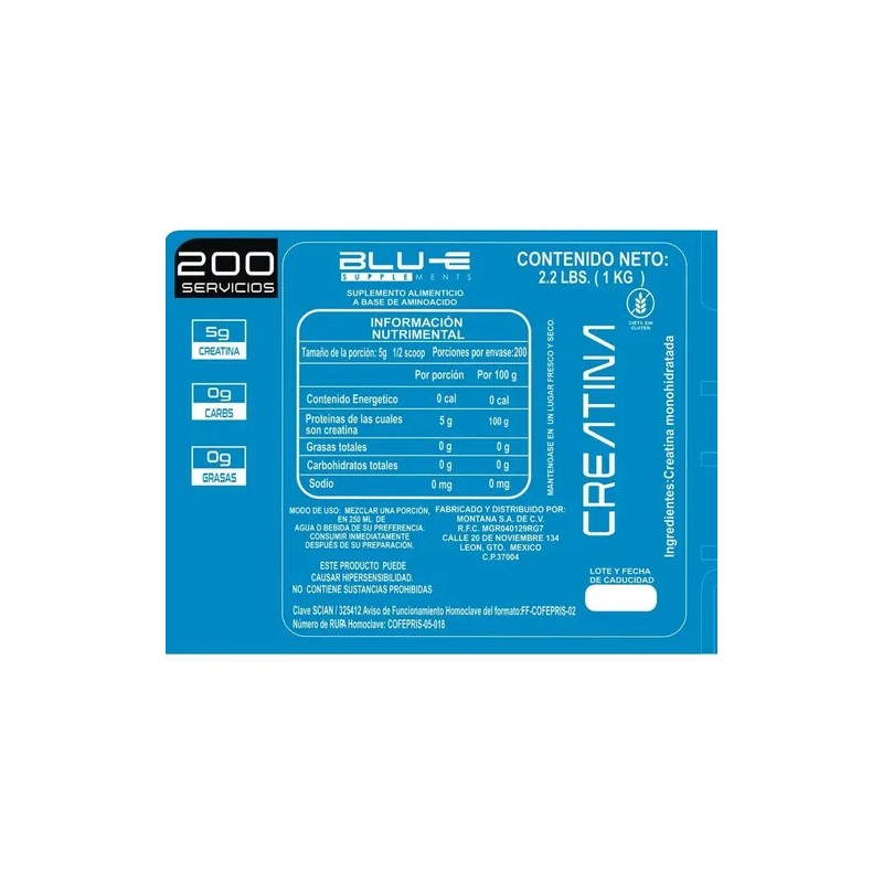 Creatina Blu-e Monohidratada 1k 200 Servicios Varios Full