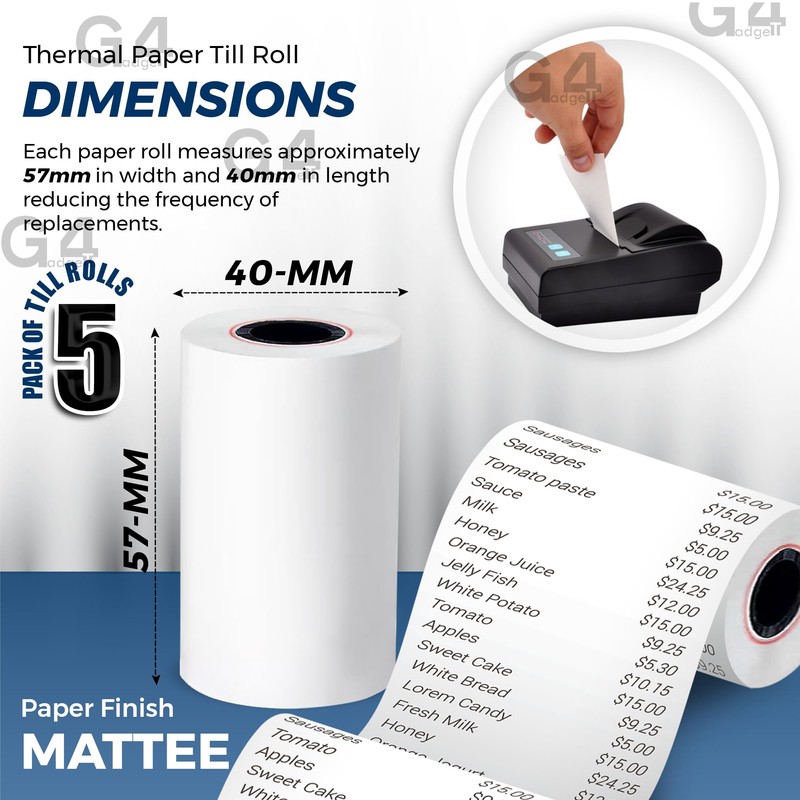 5 Rolls of 57 x 40mm Thermal Paper Till Rolls