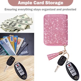 HOTCOOL Credit Card Holder for Women, Card Leather Cases Small Wallet for Women Girls, KeyChain Zipper, RFID Blocking, Travel Cute, Organizer Gifts, Pink