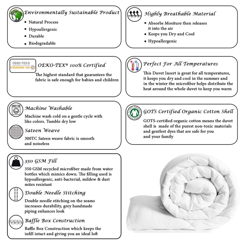 Down Alternative Summer/Spring Lightweight Duvet Insert Organic Cotton Shell (King(108"X92"))