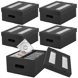 AOBOPLE CD Storage Boxes,5 Pack 2 Compartment CD Case Storage,Cardboard CD Case Holder with PVC Window Lid,Holds 60 CDs in Full Jewel Cases,120 CDs in Slim Cases,and 330 Discs in CD Sleeves