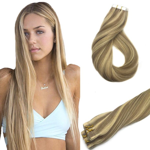 GOO GOO 20inch Tape in Hair Extensions Honey Blonde Highlighted Golden Blonde Remy Human Hair Extensions Tape in Silky Straight 20pcs 50g