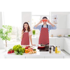 Beabes White Polka Dots On Red Kitchen Apron Vintage Bright Dots Round Pattern Cooking Bib Apron for Chef Restaurant Home Cleaning Serving Painting 27" X 31"