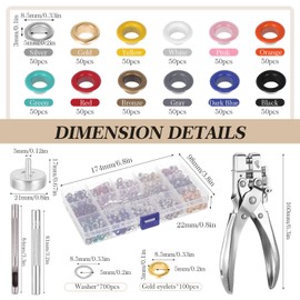 Gueenky Eyelet Pliers Set with 700 Pieces Eyelets (Diameter 5 mm), Eyelet Punch Hole Pliers with 13 Colours Eyelets Eyelet Press Tool Kit Eyelet Pliers for Tarpaulins Fabrics Leather Belt DIY